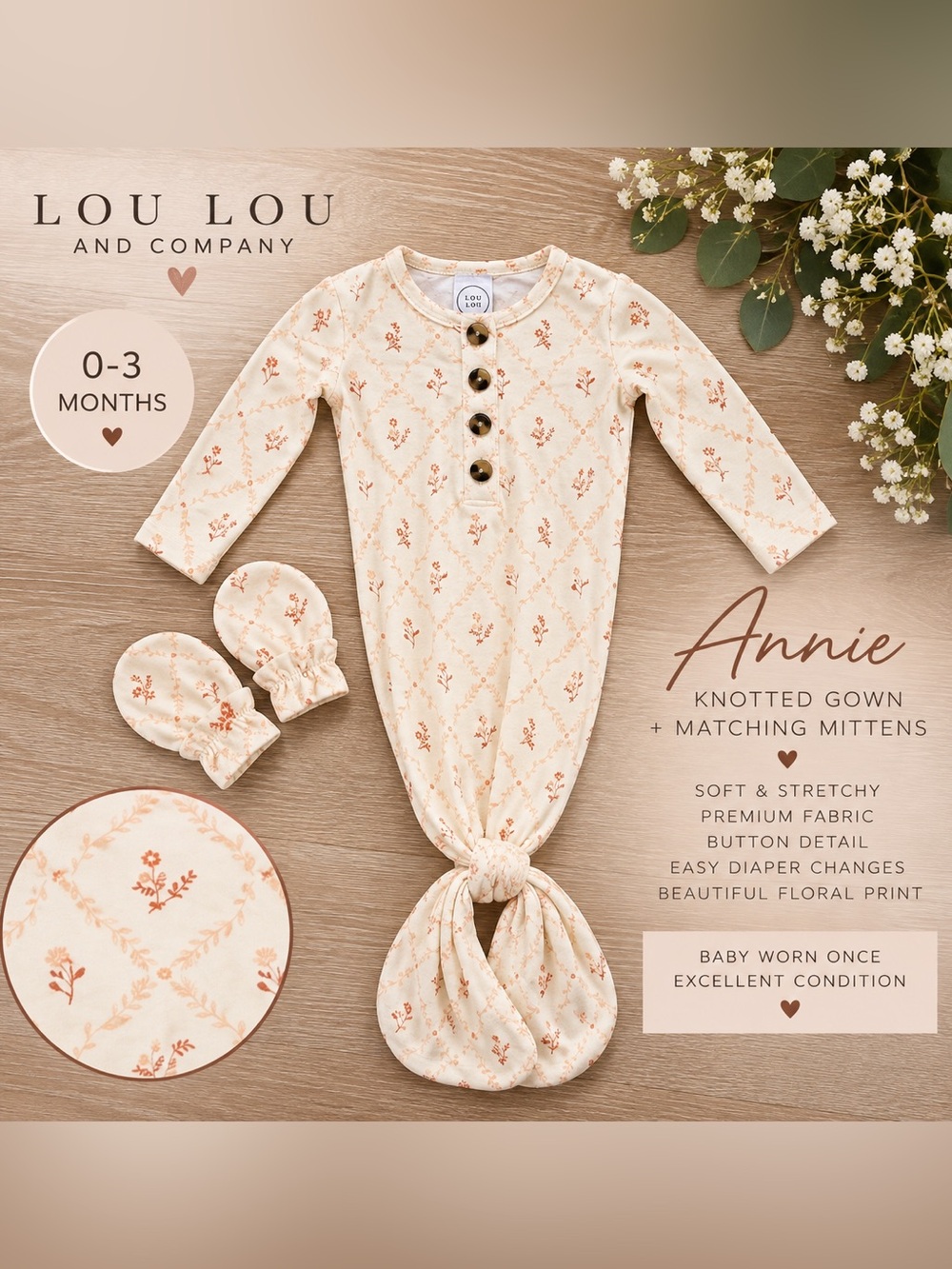 Lou Lou & Company Annie Knotted Gown with matching mittens Newborn–3 Months